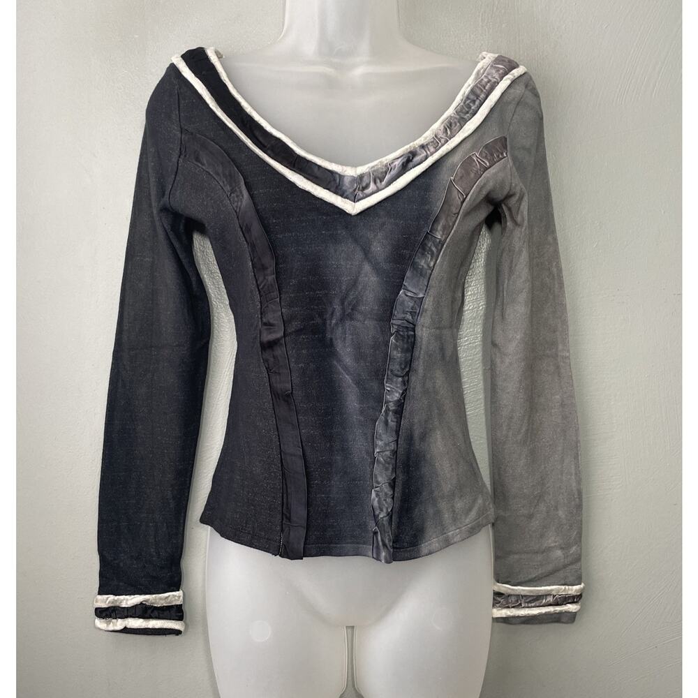 Love Sex Money Shirt Size XS S Gray Ombre Knit Velvet Satin Top Whimsigoth Y2K